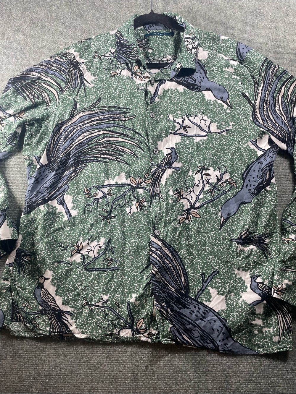 Perry Ellis Green Button Down Shirt with Blue Bird Print